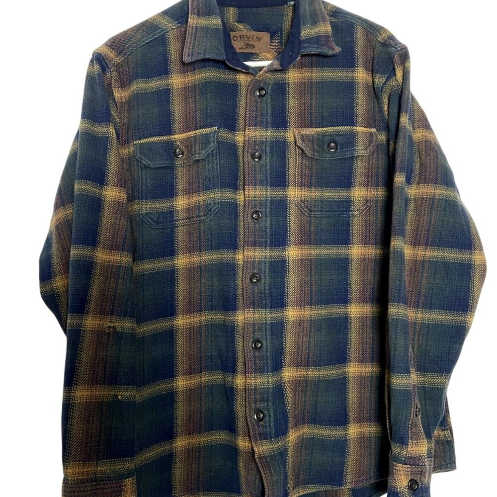 Orvis Classic Collection Heavy Flannel Shirt Jacket Shacket Pockets Plaid Large